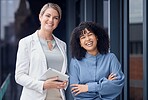 Collaboration diversity, arms crossed and portrait of women  together for planning and solidarity. Happy, laughing and people in business with pride, confidence and expertise as a partnership