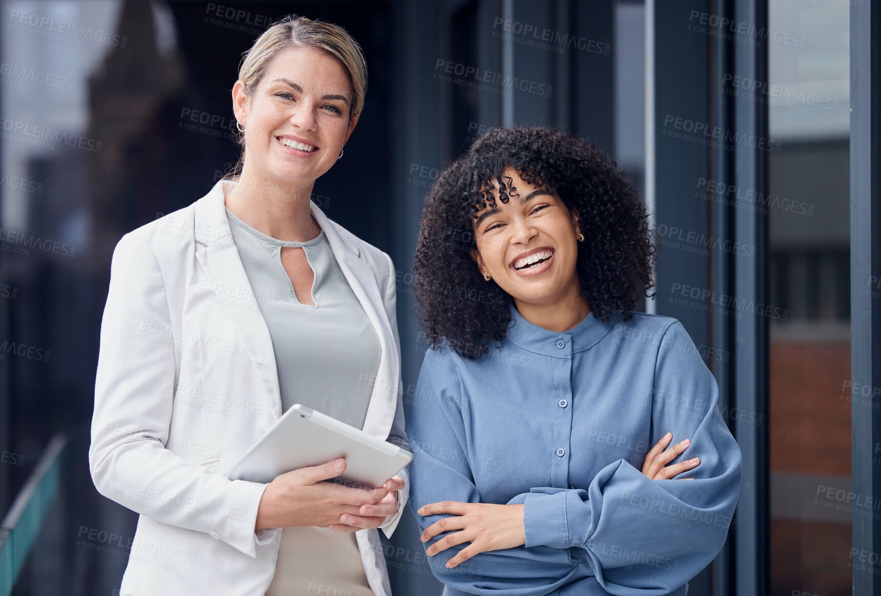 Buy stock photo Collaboration diversity, arms crossed and portrait of women  together for planning and solidarity. Happy, laughing and people in business with pride, confidence and expertise as a partnership