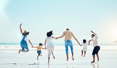 Buy stock photo Grandparents, parents and child jump at beach for bonding, quality time and adventure together. Travel, freedom and happy big family with kids enjoy summer holiday, vacation and relax on weekend