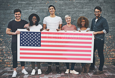 Buy stock photo Happy, diversity and people with a USA flag for representation, support and branding. Smile, together and group of people with a poster to represent a country, show patriarchy and diverse environment