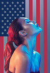 American, flag and background with woman beauty, self care and skincare isolated in USA empowerment theme. Activist, skin and young natural female volunteer or wellness model closed eyes
