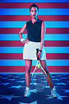 Portrait, tennis and woman with American flag, fitness and training for wellness, balance and healthy lifestyle. Face, female player and athlete with racket, USA and lady with confidence and patriot
