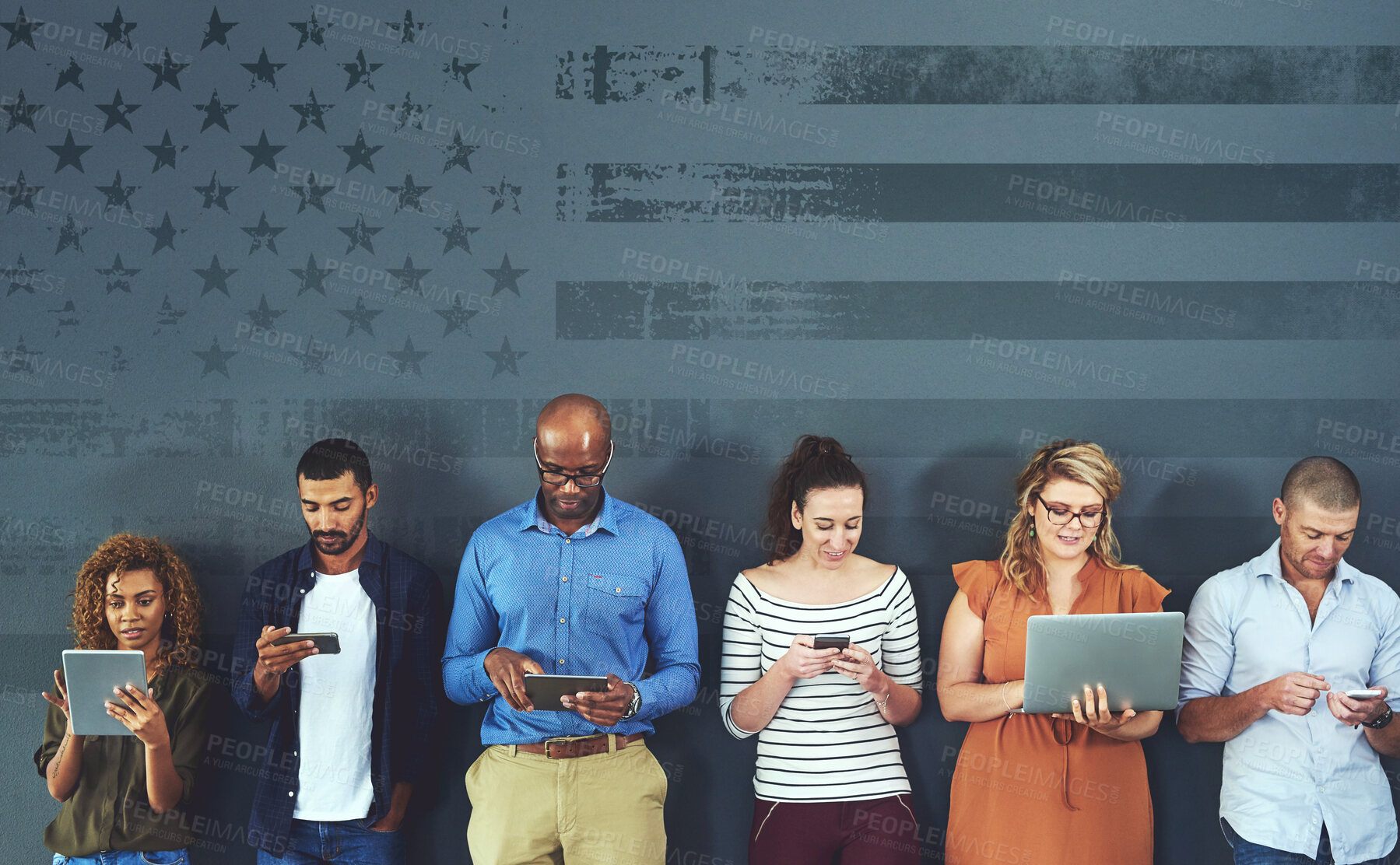 Buy stock photo Connection, composite and a group of people with technology for communication, social media and networking. USA, overlay and men and women using tech for networking, internet and online chat