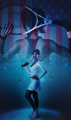 Buy stock photo Tennis, flag and usa with a sports woman in studio standing against an overlay background as a patriot. Fitness, health and america with a young female athlete posing hand on hip holding her racket