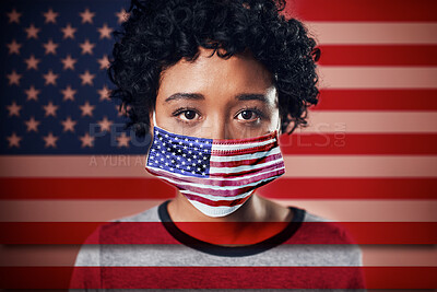 Buy stock photo American, flag and face mask on woman activist proud and confident in her country during covid looking serious. Head, eyes and young female volunteer serious, focus and protection from corona