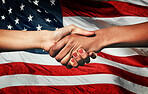 Handshake, partnership and people with flag in USA for political agreement, cooperation and alliance. Election, support and American women shaking hands for democracy, collaboration and negotiation