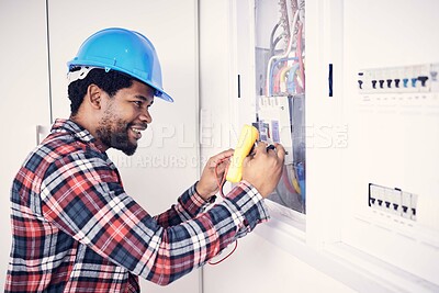 Buy stock photo Electrician multimeter, electric switch box and happy man check cable current, wire fuse or measure voltage power supply. Circuit maintenance inspection, African person and technician fix electricity