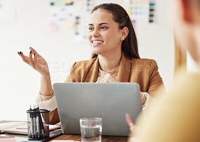 Buy stock photo Interior design, talking and woman architect in a company meeting for renovation project. Happy, smile and brand identity planning of a female employee speaking about creative branding work in office