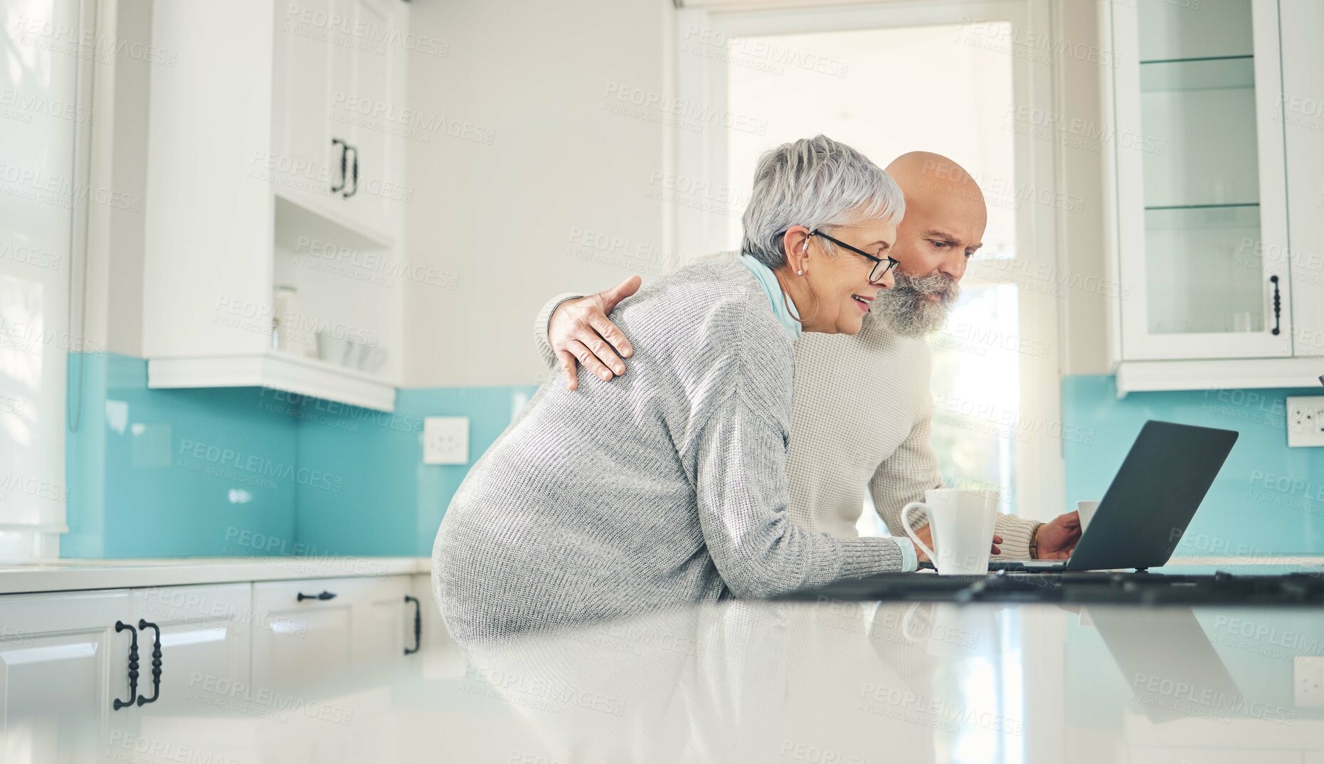 Buy stock photo Elderly couple, laptop and video call in kitchen, web browsing or social media in house. Computer, retirement and happy man and woman on videocall, online chat and virtual communication together.