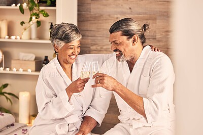 Buy stock photo Spa, champagne and happy couple toast in massage, vacation or holiday celebration, love and romance. Wine glasses, excited or senior people in luxury, wellness and relax, hospitality service or hotel