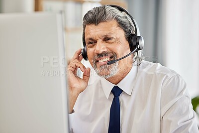 Buy stock photo Happy, call centre and a man at a computer with a headset and a smile for customer service. Face of a mature male consultant or agent for technical support, help desk or crm advice and telemarketing