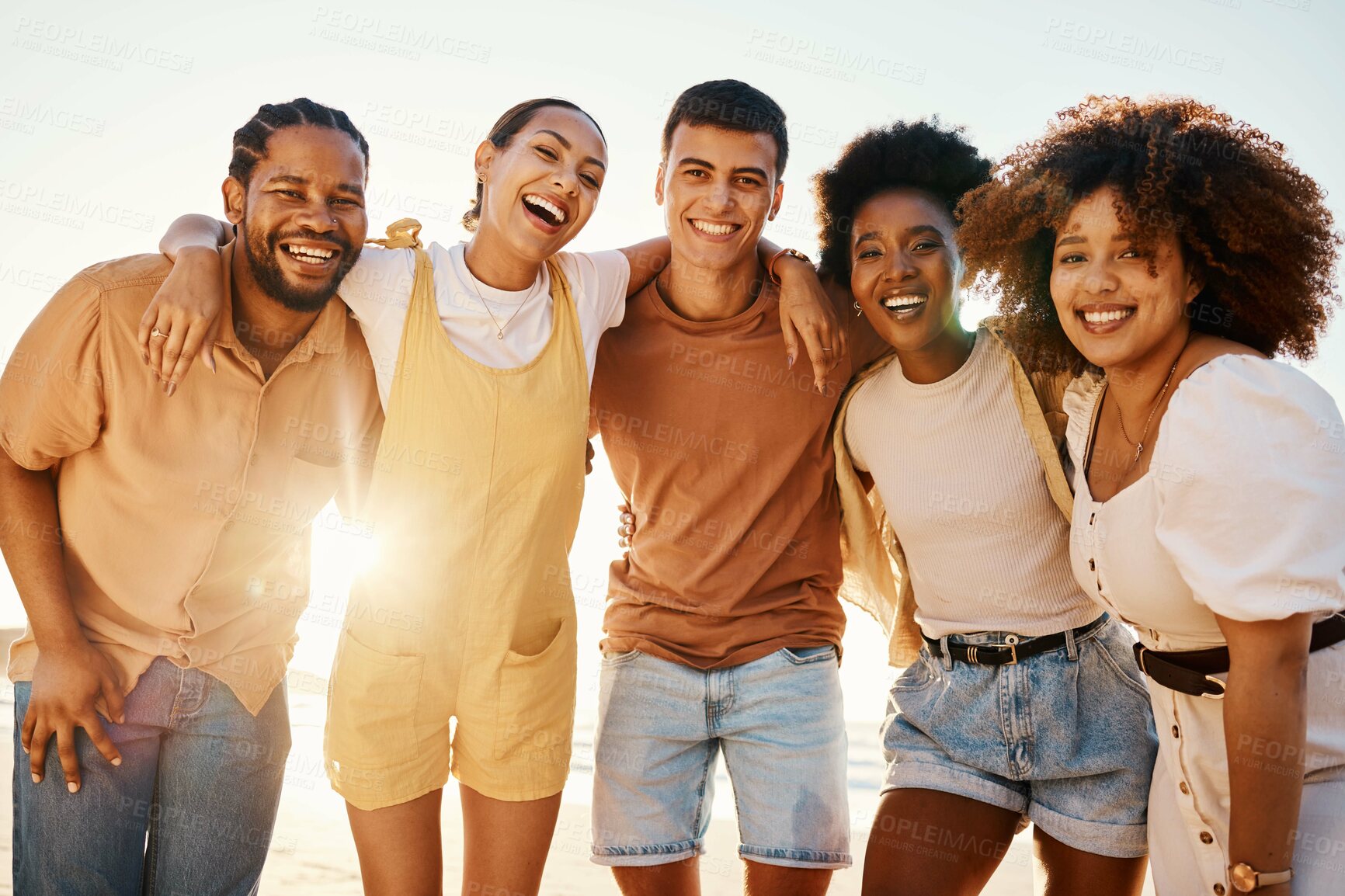 Buy stock photo Beach sunset, portrait and happy friends hug, laughing and enjoy travel vacation, summer freedom or funny joke. Nature reunion, group solidarity and diversity people smile, embrace and happy on trip