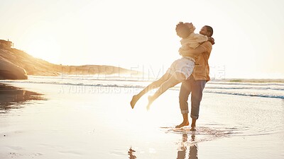 Buy stock photo Beach, sunset and happy couple hug, celebrate summer and enjoy romantic time together, bonding and love on travel holiday. Sun flare, sea and excited people embrace on tropical marriage honeymoon