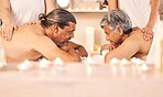 Spa, massage and mature couple with masseuse for holiday, vacation and romantic anniversary. Retirement, luxury resort and man and woman in salon for beauty, therapy and skincare treatment for love