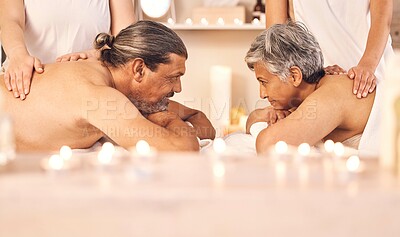 Buy stock photo Spa, massage and mature couple with masseuse for holiday, vacation and romantic anniversary. Retirement, luxury resort and man and woman in salon for beauty, therapy and skincare treatment for love