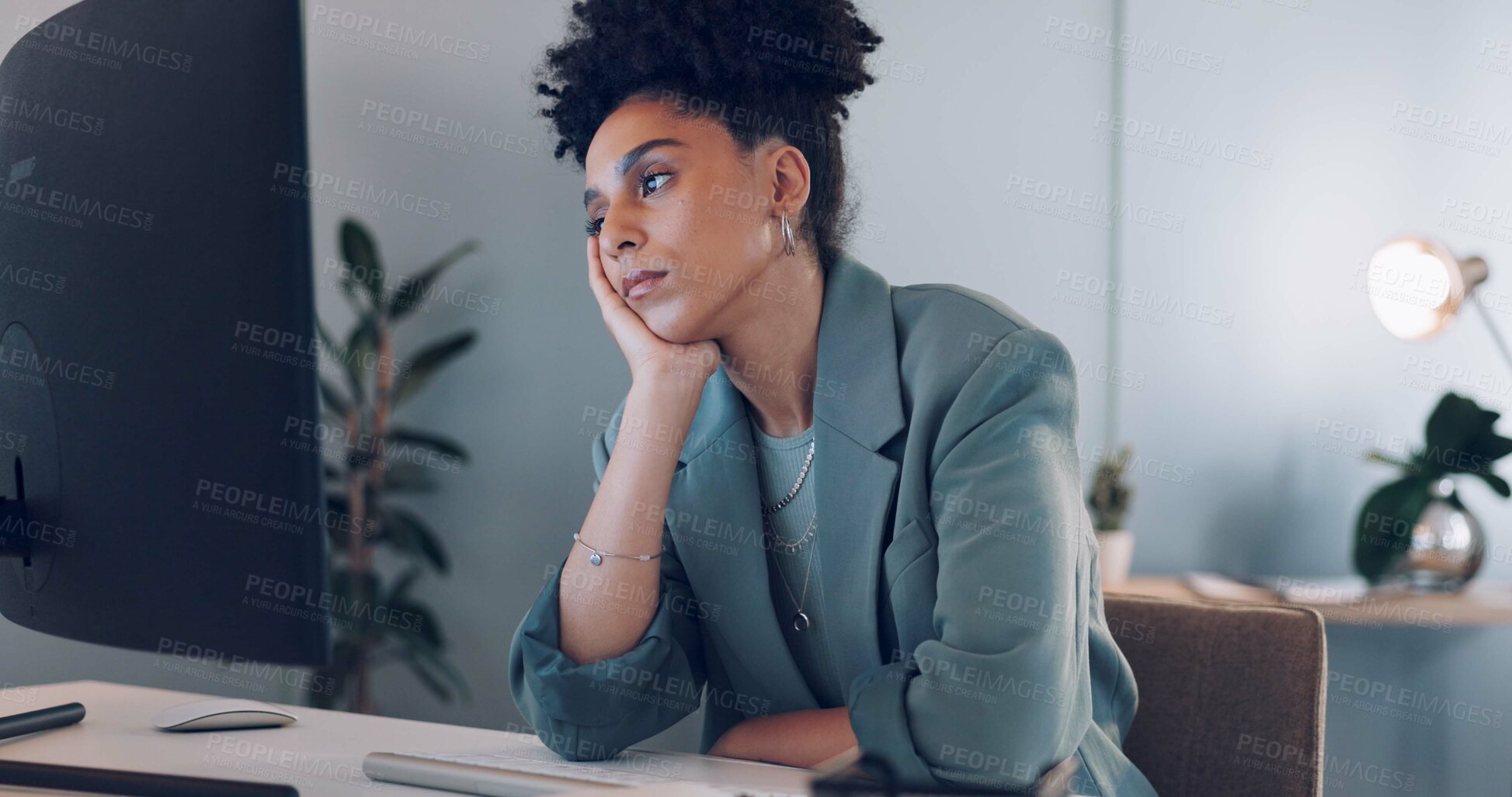 Buy stock photo Bored, tired and business woman at computer in office with stress, anxiety and burnout of working late. Lazy, sad and frustrated employee at desktop pc with challenge, fatigue and boring job at night