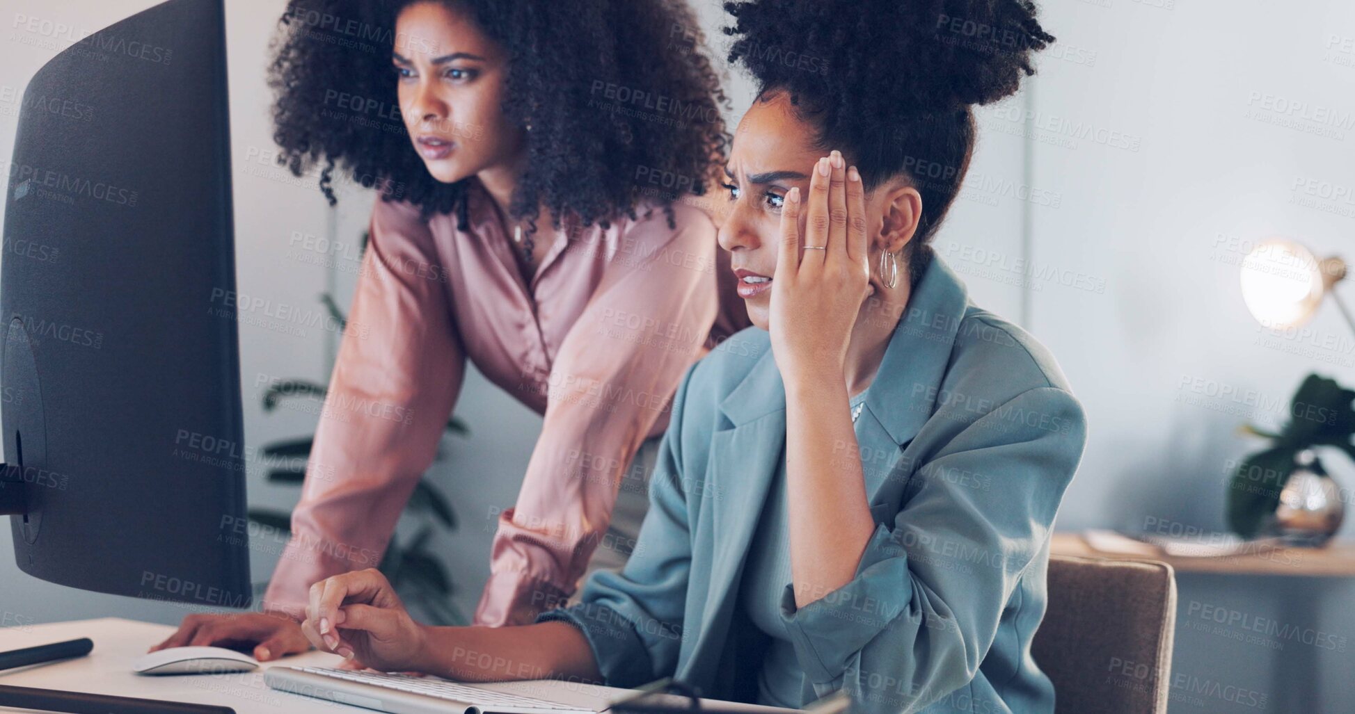 Buy stock photo Computer, stress and woman with manager helping an employee at office desk with problem. 404 issue, headache and anxiety of worker with a question and coding glitch with burnout from tech work 