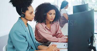 Buy stock photo Call center, collaboration and business women at computer with teamwork for telemarketing. Consulting, crm and staff with contact us and web management with planning and customer support project