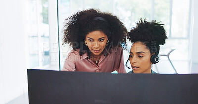 Buy stock photo Call center, mentor and business women at computer with teamwork for telemarketing. Consulting, crm support and staff with contact us and web management with planning and customer service project