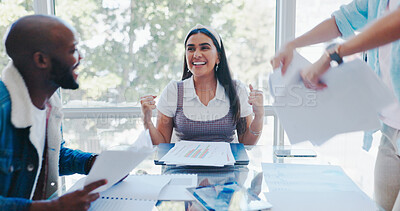 Buy stock photo Success, celebration and business people with documents in meeting for good news, victory and winning. Teamwork, collaboration and men and women with paperwork for kpi goals, report and proposal