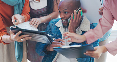 Buy stock photo Stress, phone call and chaos and business with black man for documents, anxiety and multitasking. Schedule, deadline and burnout with person in office for workflow, frustrated and overworked