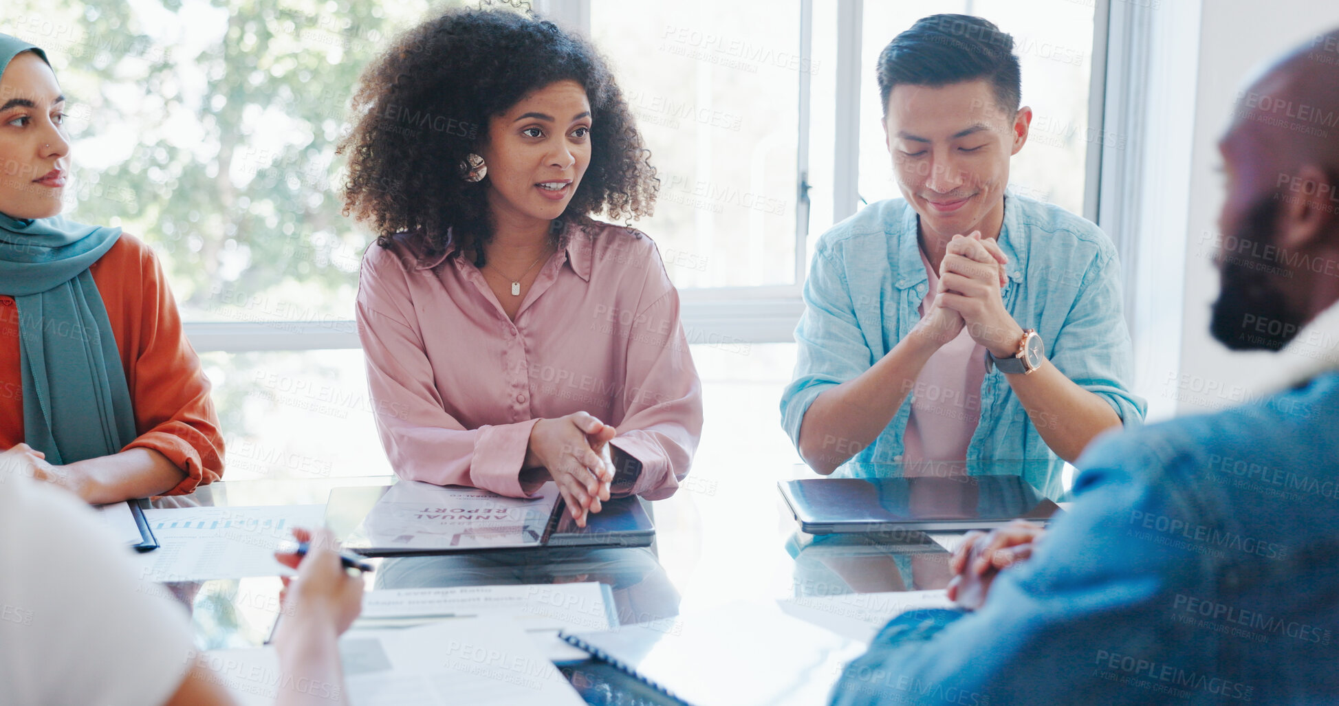 Buy stock photo Creative people, meeting and discussion in planning, strategy or team project together at the office. Group of employees in teamwork, collaboration, ideas or brainstorming in startup at the workplace