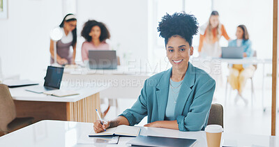 Buy stock photo Portrait of happy woman, creative agency and writing in notebook for admin at design agency. Female designer at modern office desk, manager at startup with happiness and coworking space with notes.