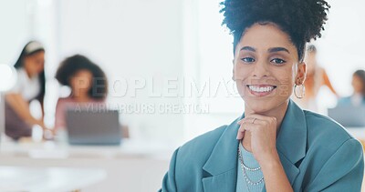 Buy stock photo Portrait of happy woman in creative agency with confidence, pride and administration at design agency. Face of female designer at modern office desk, manager at startup with smile and coworking space