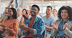 Happy, business people and applause in conference for welcome, celebration and presentation success. Team, row and clapping hands in support of promotion, thank you or motivation for partnership deal