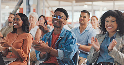 Buy stock photo Happy, business people and applause in conference for welcome, celebration and presentation success. Team, row and clapping hands in support of promotion, thank you or motivation for partnership deal