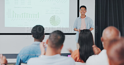 Buy stock photo Business presentation, screen statistics and happy Asian man, speaker and training sales team, seminar speech or tradeshow. Projector, audience and group listening to chart, insight or data feedback