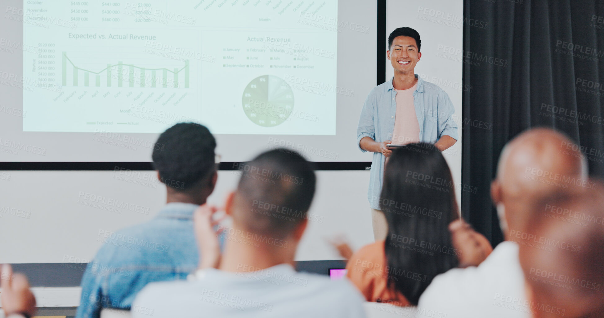 Buy stock photo Business presentation, screen statistics and happy Asian man, speaker and training sales team, seminar speech or tradeshow. Projector, audience and group listening to chart, insight or data feedback