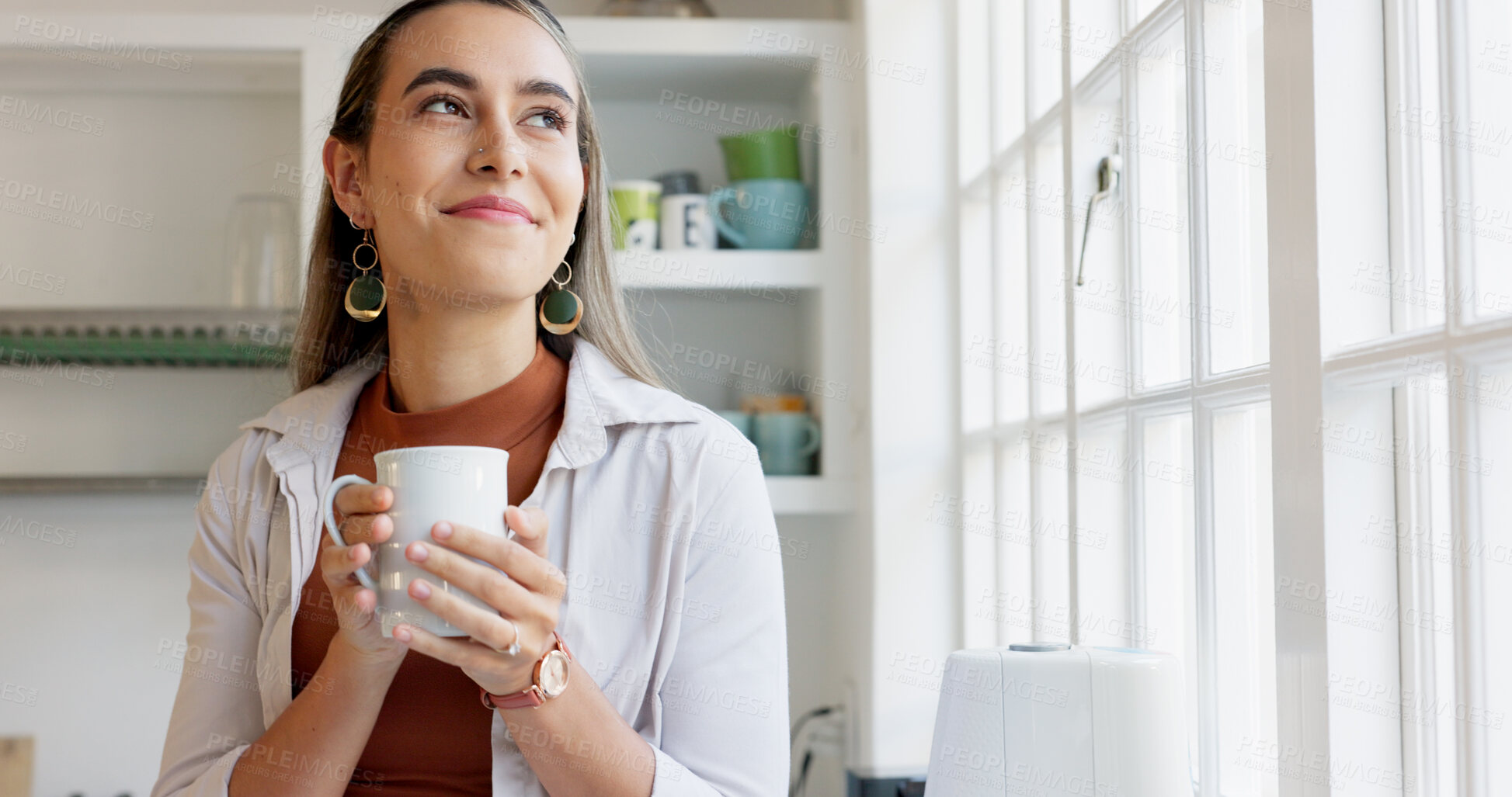 Buy stock photo Home, thinking and woman with ideas, coffee cup and smile with peace, solution and daydreaming. Happy person, kitchen and girl with wonder, tea and espresso with cappuccino, opportunity and wellness