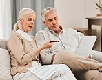 Old people with life insurance application, retirement and reading paperwork, partner with investment or asset management. Couple in marriage, financial planning together and policy documents at home