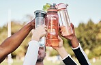 Hands, water bottle and cheers for team sports exercise, fitness or training outdoor on grass field. Diversity sports people, healthy cardio workout and goals in sun as athlete, motivation or support