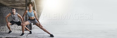 Buy stock photo Legs, stretching and fitness couple outdoor with mockup for training, wellness or cardio routine together. Body, stretch and sweating sport people outside for running, exercise or resilience practice