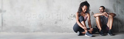 Buy stock photo Couple, fitness and happy by banner on break, active and health or wellness. Positive people, smile and exercise by training, gym and space on gray background, performance and cardio workout at wall