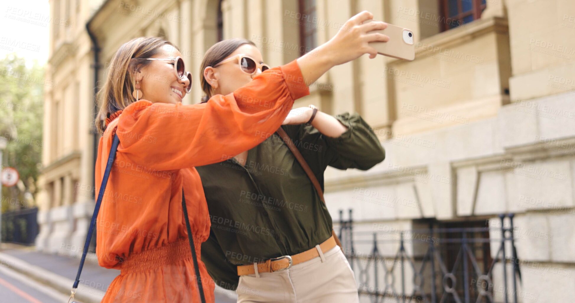 Buy stock photo Selfie of women in city together with smile, nature and memory on social media with sunglasses. Photography, happiness and friends on urban travel for holiday blog, post or live stream on street walk