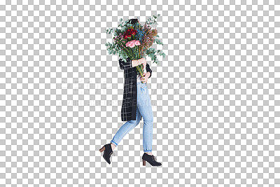 Buy stock photo Walking, bouquet and woman with flowers, gift and floral with fresh plants isolated on a transparent background. Person, model and girl with a present, nature and png with florist and natural 