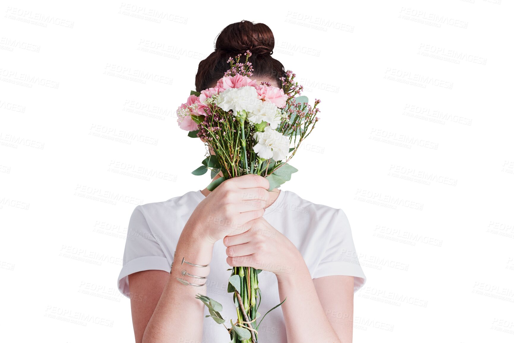 Buy stock photo Woman cover face in bouquet of flowers, isolated and transparent png background. Person hiding in organic floral gift, natural plant and girl smell scent of present on womens holiday, date or event