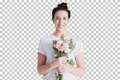 Buy stock photo Portrait of woman with bouquet, smile and isolated on transparent png background with love, hope and happiness. Romance, flowers and girl with floral gift for reward, celebration or announcement.