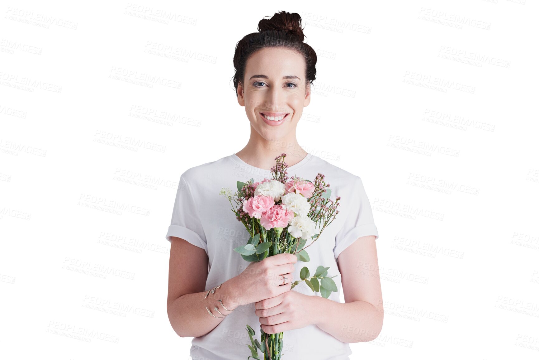 Buy stock photo Portrait of woman with bouquet, smile and isolated on transparent png background with love, hope and happiness. Romance, flowers and girl with floral gift for reward, celebration or announcement.