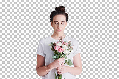 Buy stock photo Serious, woman and bouquet of flowers for gift isolated on a transparent png background. Person with organic floral present, natural plant and girl or florist on holiday, womens day event and date