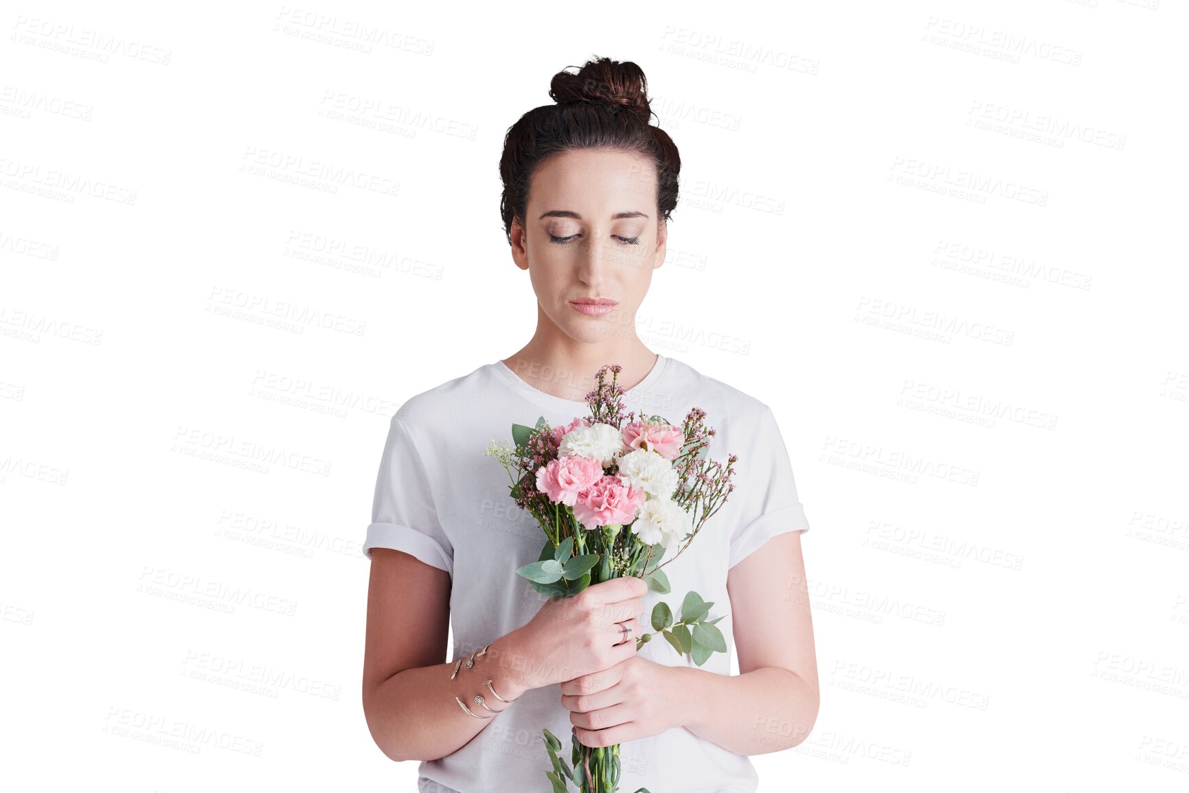 Buy stock photo Serious, woman and bouquet of flowers for gift isolated on a transparent png background. Person with organic floral present, natural plant and girl or florist on holiday, womens day event and date