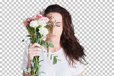 Buy stock photo Woman with bouquet on face, isolated on transparent png background for love and surprise gift. Thinking, bunch of flowers and girl with romantic idea, floral present and natural reward with plants.