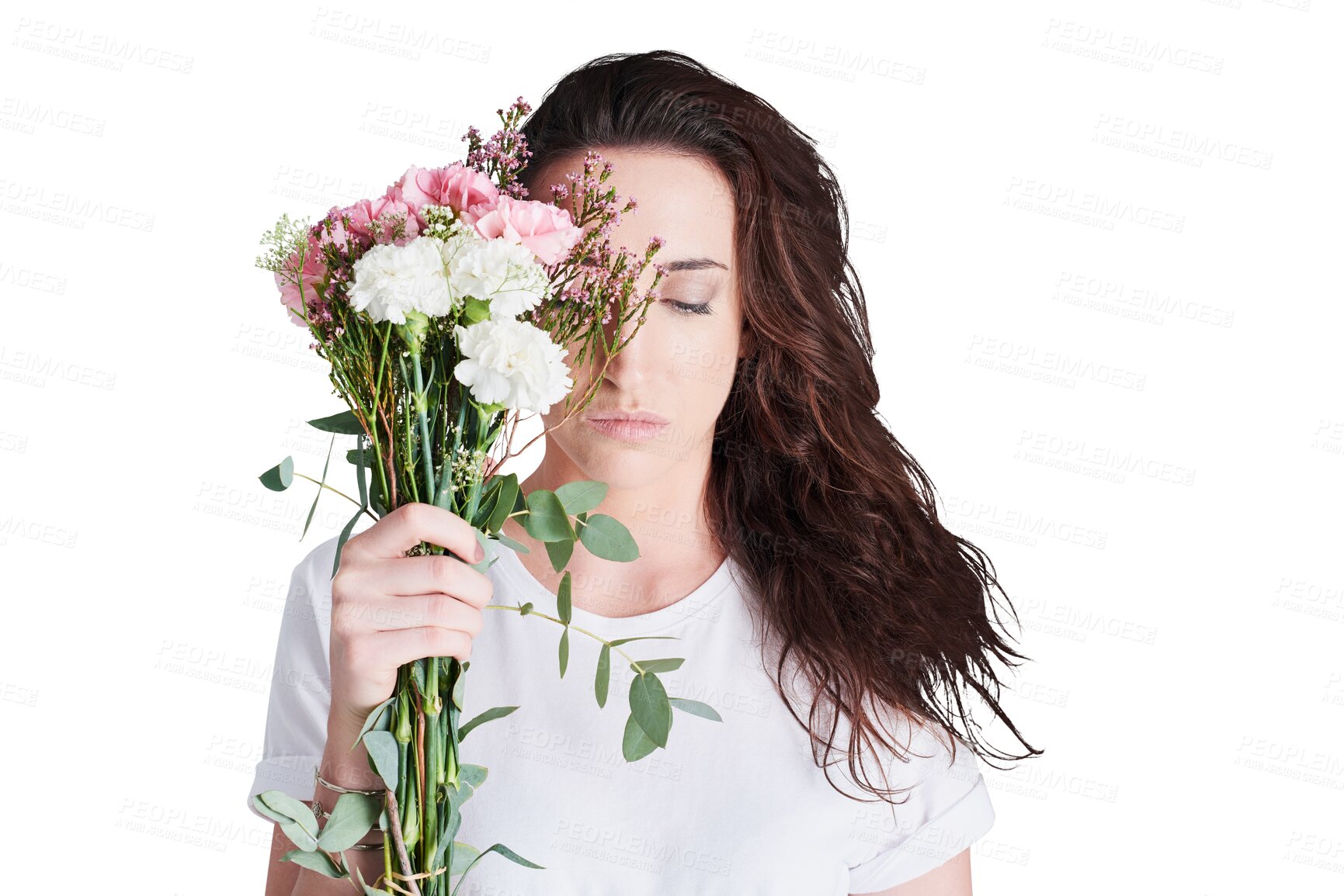 Buy stock photo Woman with bouquet on face, isolated on transparent png background for love and surprise gift. Thinking, bunch of flowers and girl with romantic idea, floral present and natural reward with plants.