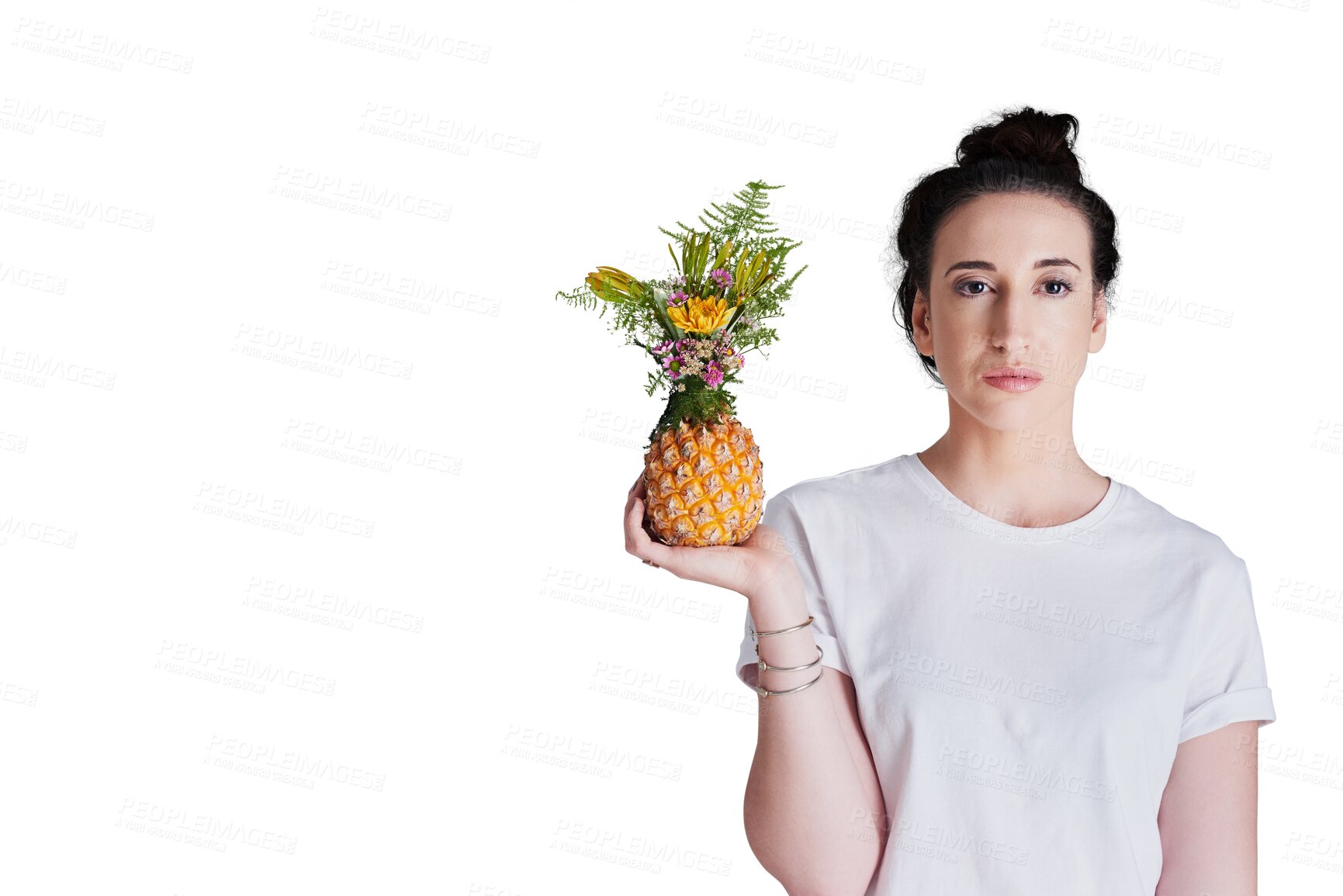 Buy stock photo Woman, pineapple and flowers for organic, hand or isolated on transparent png background. Portrait, health and think for raw, tropical or plants for fresh, food or fruit for serious, face and healthy