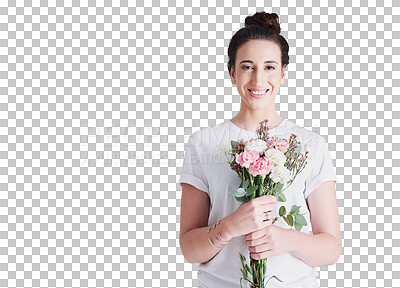 Buy stock photo Portrait of happy woman with bouquet isolated on transparent png background with smile, love and gift. Giving, romance, and a bunch of flowers, face of girl with romantic reward or floral present.