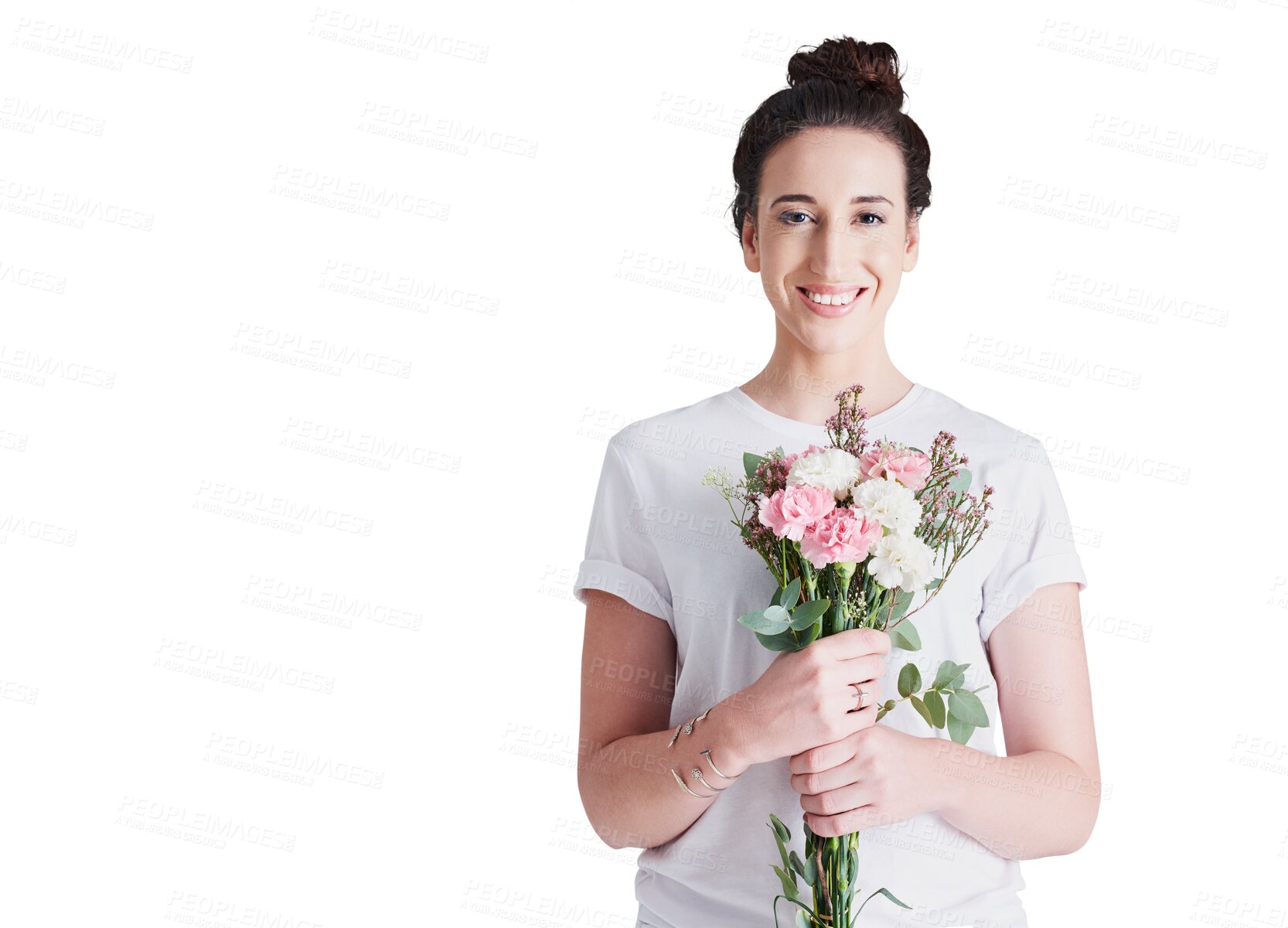 Buy stock photo Portrait of happy woman with bouquet isolated on transparent png background with smile, love and gift. Giving, romance, and a bunch of flowers, face of girl with romantic reward or floral present.