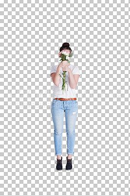 Buy stock photo Woman hiding face with gift of flowers, isolated and transparent png background. Person cover with organic floral bouquet, natural plant or florist girl smell present on womens day, holiday or event